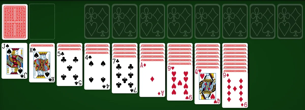 Double Klondike starting layout: face-down stock at top-left next to eight empty foundation slots, with nine tableau columns below holding 1 to 9 cards each, only the top card of each column face-up