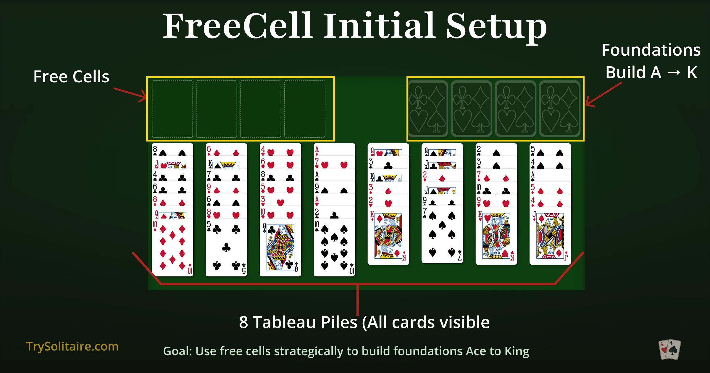 FreeCell setup - free online game showing 8 tableau columns, 4 free cells, 52 cards face-up