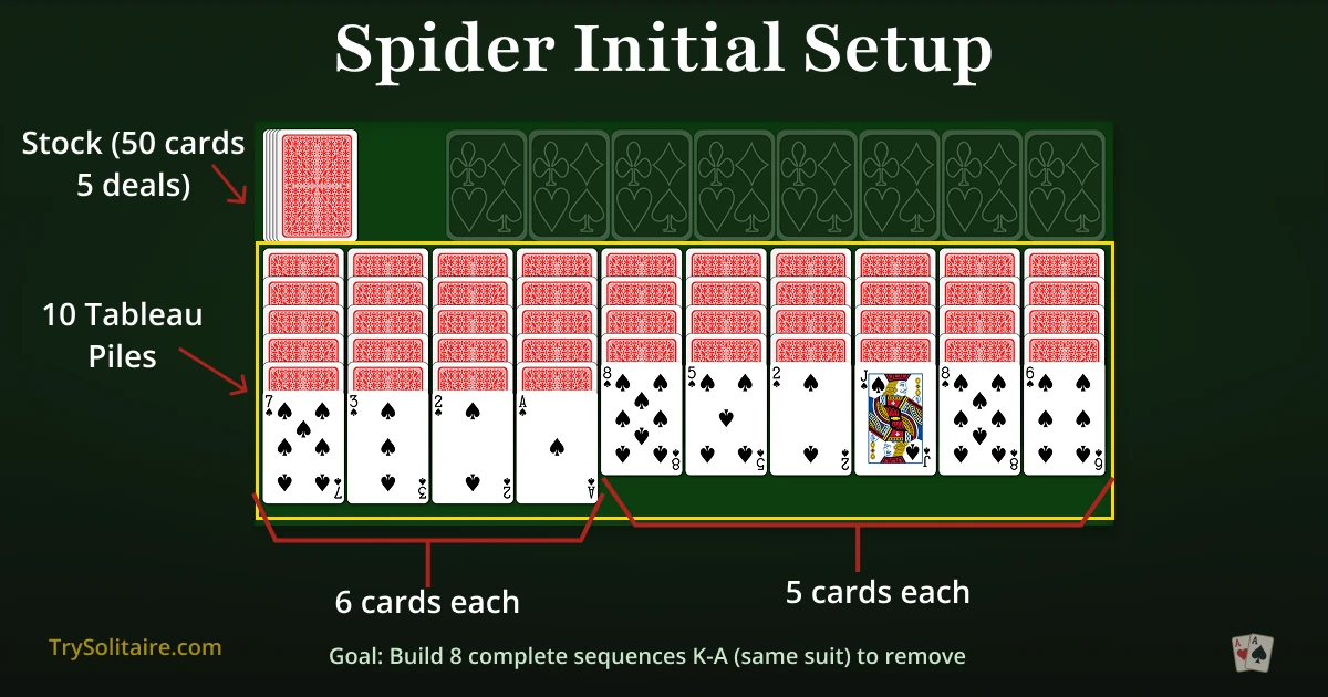 Spider Solitaire - Initial Setup showing 10 tableau piles, stock, and card distribution