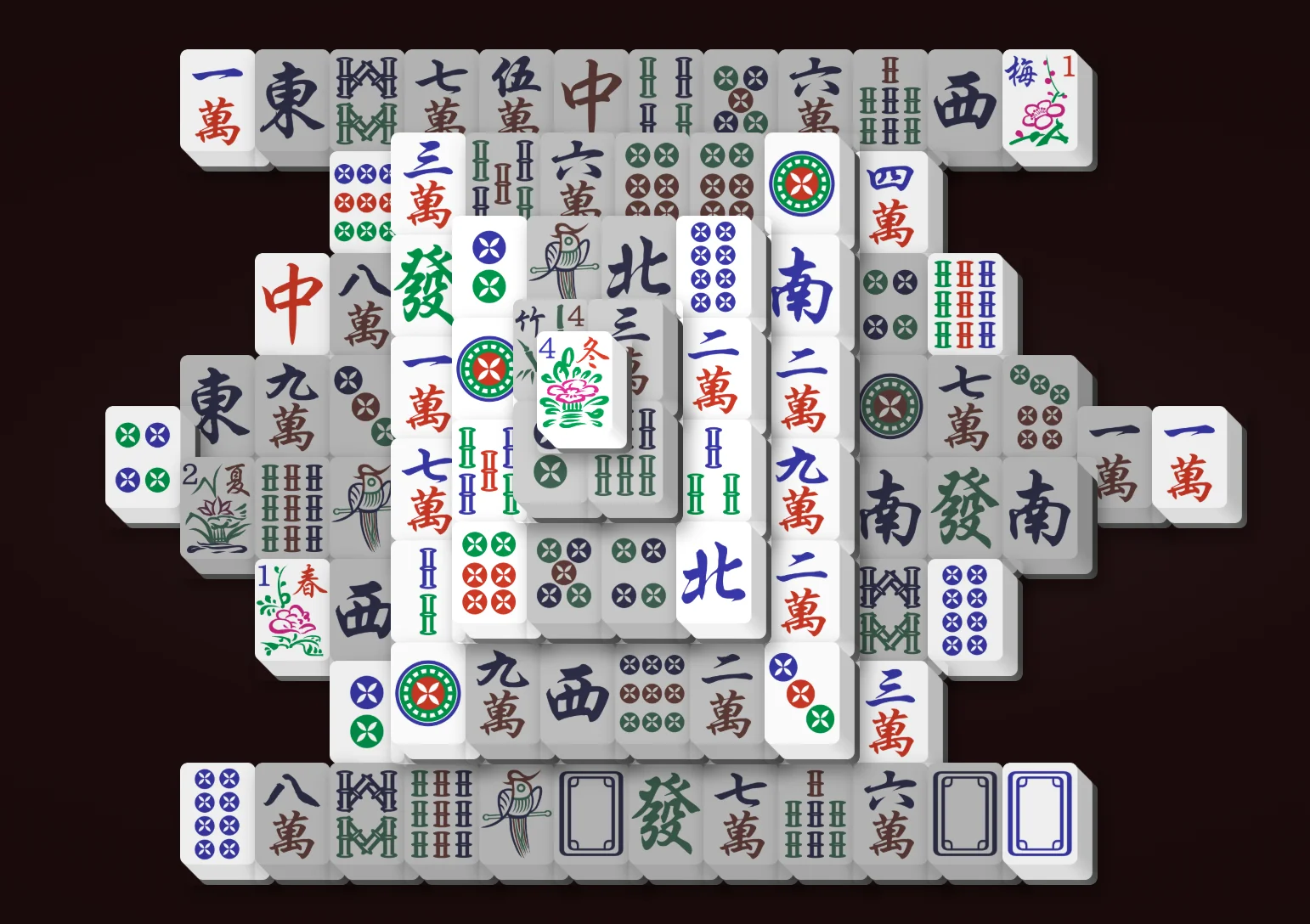 The Turtle Mahjong Solitaire layout seen from above, with a wide five-layer shell, a single head tile, and a short tail row